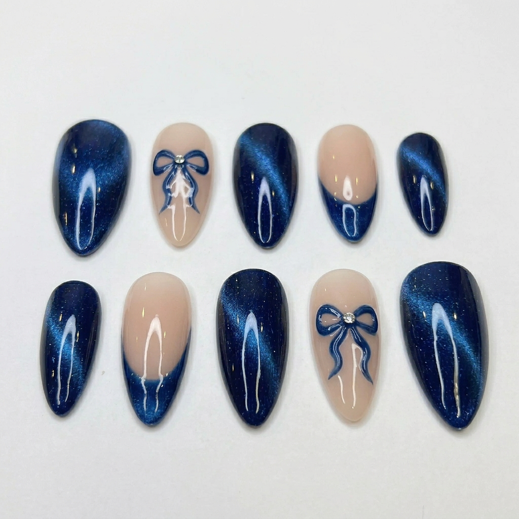 Blue Cat Eye Press On Nails with Bow – Nude Almond Shape