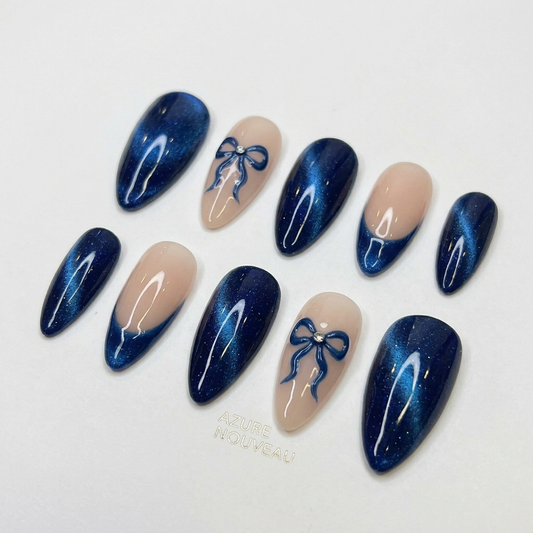 Blue Cat Eye Press On Nails with Bow – Nude Almond Shape