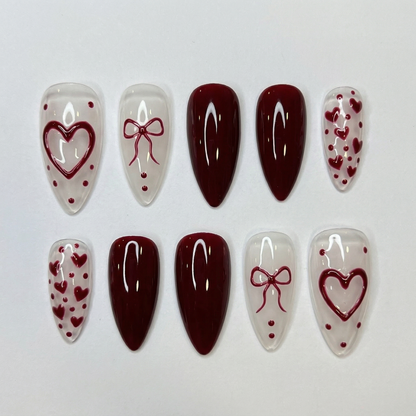 Burgundy Heart Press On Nails – Handmade Valentine Red Almond Set
