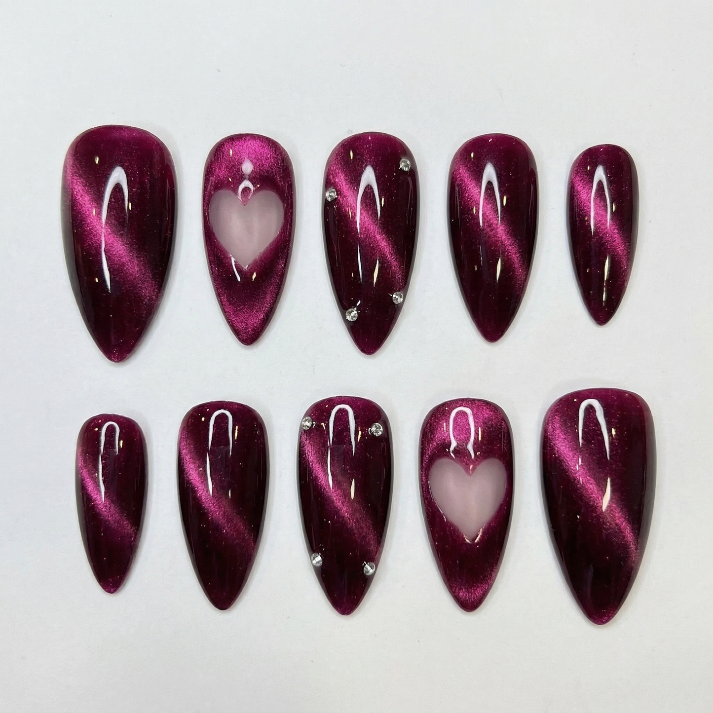 Magenta Cat Eye Press On Nails – Heart Cutout Handmade Nails Set