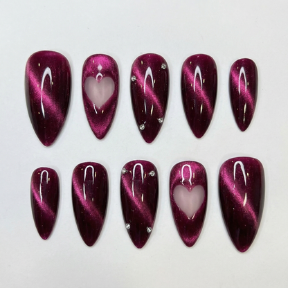Magenta Cat Eye Press On Nails – Heart Cutout Handmade Nails Set