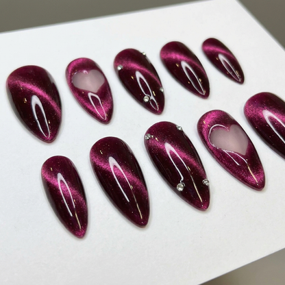 Magenta Cat Eye Press On Nails – Heart Cutout Handmade Nails Set
