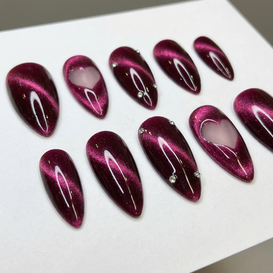Magenta Cat Eye Press On Nails – Heart Cutout Handmade Nails Set