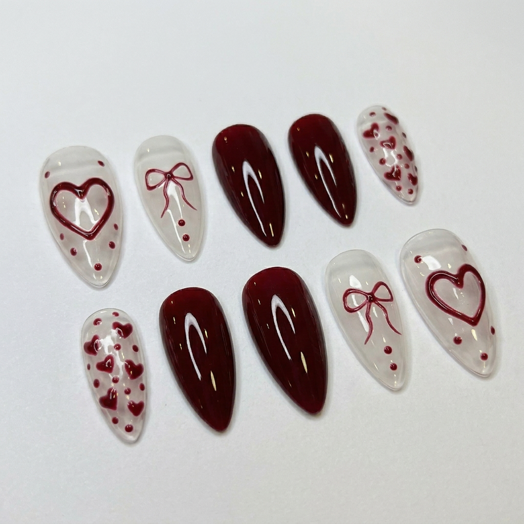 Burgundy Heart Press On Nails – Handmade Valentine Red Almond Set