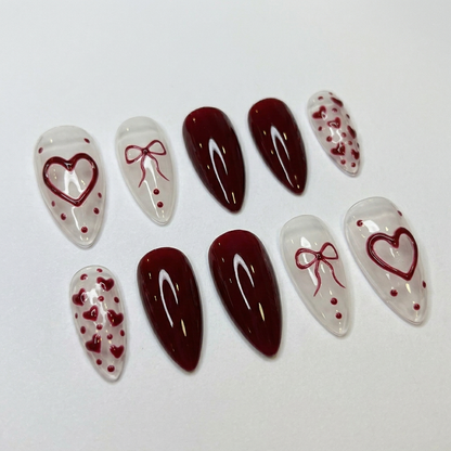Burgundy Heart Press On Nails – Handmade Valentine Red Almond Set