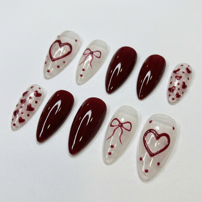 Burgundy Heart Press On Nails – Handmade Valentine Red Almond Set