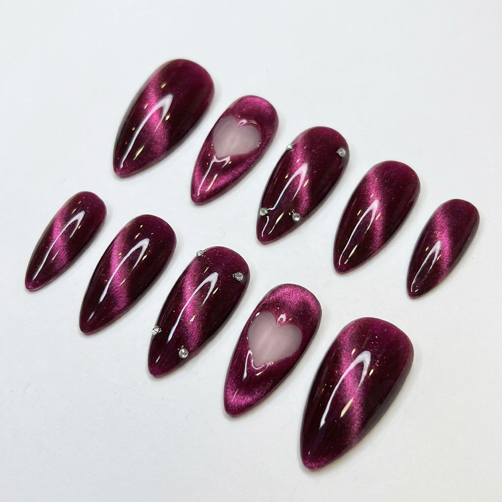 Magenta Cat Eye Press On Nails – Heart Cutout Handmade Nails Set