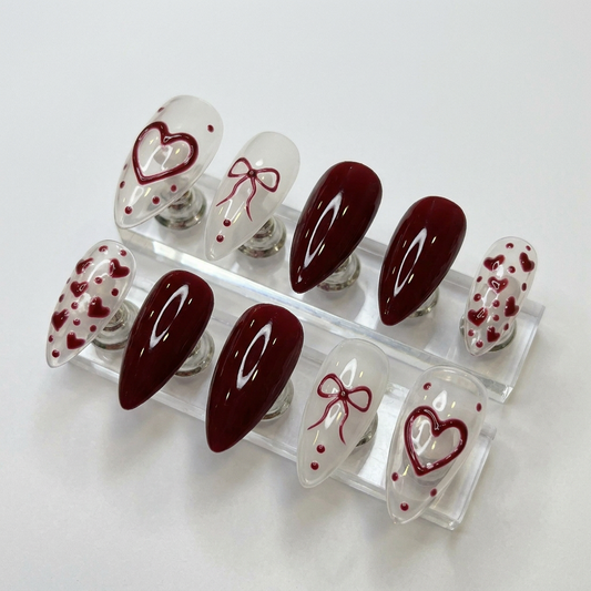 Burgundy Heart Press On Nails – Handmade Valentine Red Almond Set