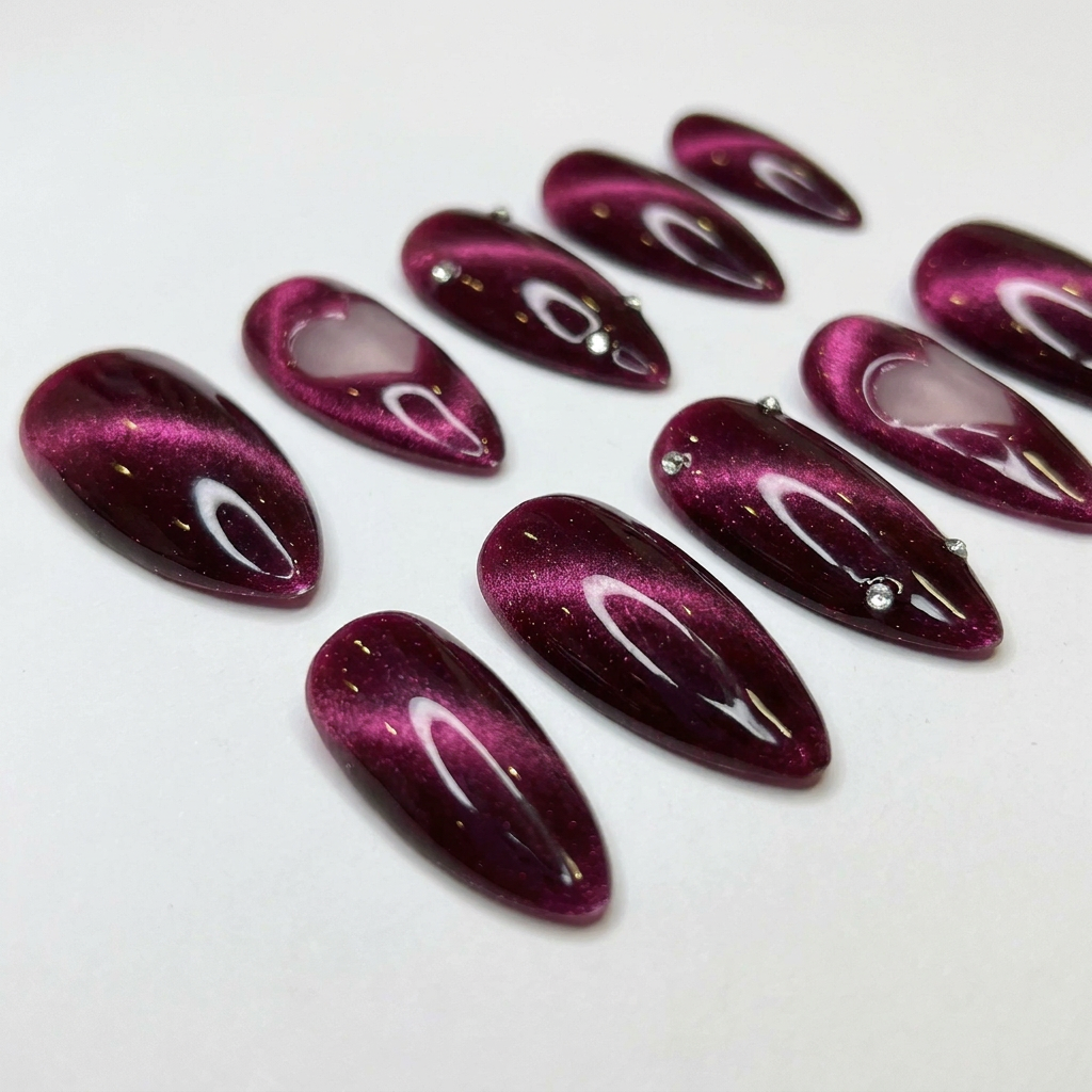Magenta Cat Eye Press On Nails – Heart Cutout Handmade Nails Set