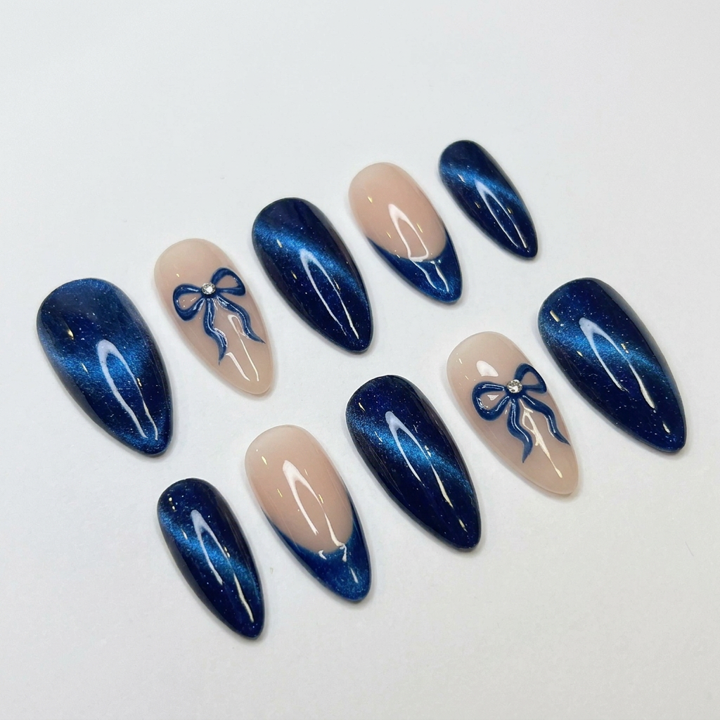 Blue Cat Eye Press On Nails with Bow – Nude Almond Shape