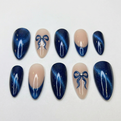 Blue Cat Eye Press On Nails with Bow – Nude Almond Shape