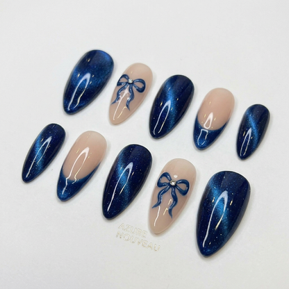 Blue Cat Eye Press On Nails with Bow – Nude Almond Shape