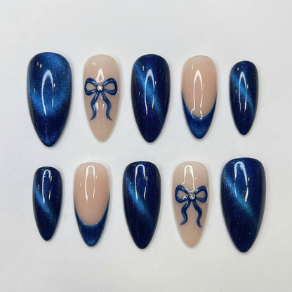 Blue Cat Eye Press On Nails with Bow – Nude Almond Shape